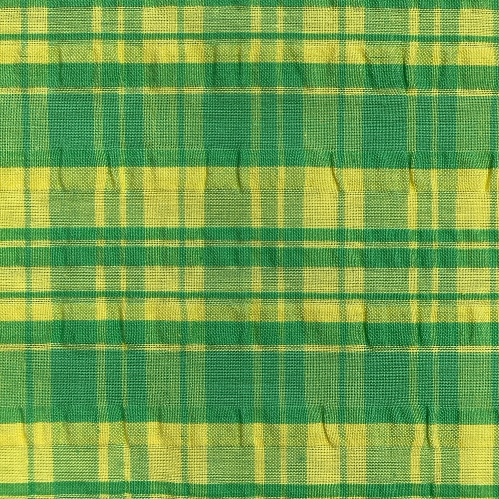 Vintage Green & Yellow Plaid Plissé Fabric Retro Cheerful 1.8 Yards